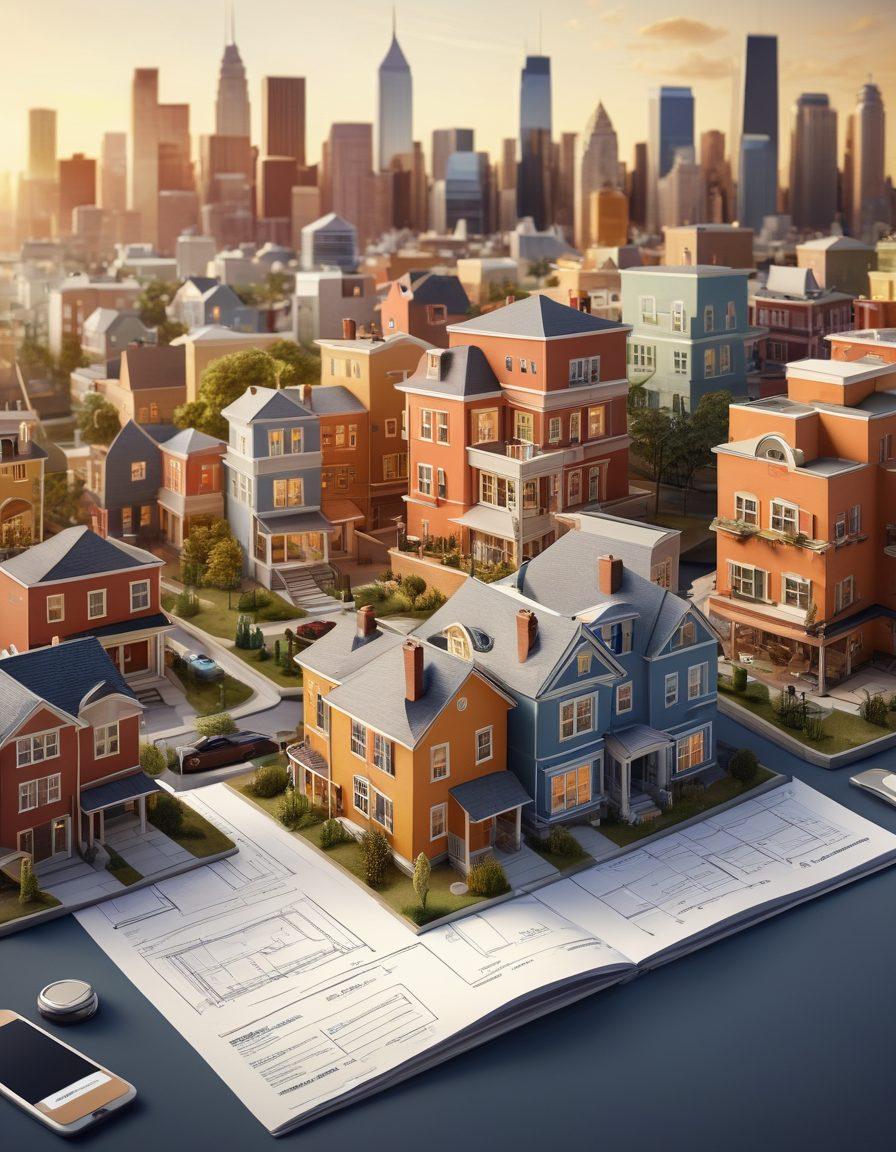 A bustling city skyline with diverse homes in the foreground, showcasing various financing elements like down payment calculators and interest rate graphs visually represented as floating overlays. Include people of differing ages discussing over blueprints and laptops, symbolizing collaboration in home financing. The color palette should be warm and inviting, evoking a sense of community and opportunity. super-realistic. vibrant colors.