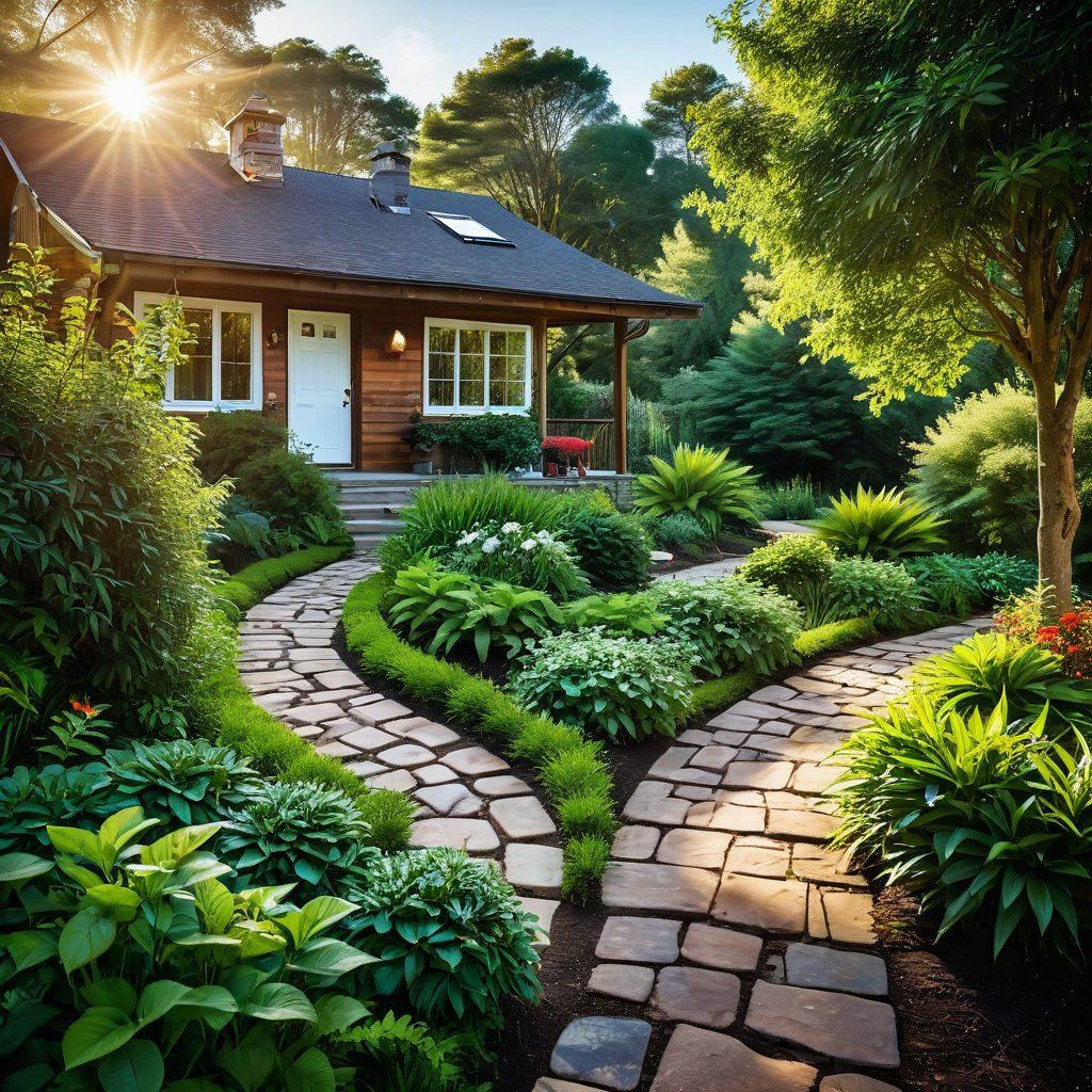 A scenic pathway leading to a cozy, inviting home, with calculator tools and financial documents scattered along the path, symbolizing the journey of homeownership. Include lush greenery and warm sunlight creating a hopeful atmosphere. A friendly figure might be seen pondering with a smartphone in hand, representing modern decision-making. super-realistic. vibrant colors. serene landscape.