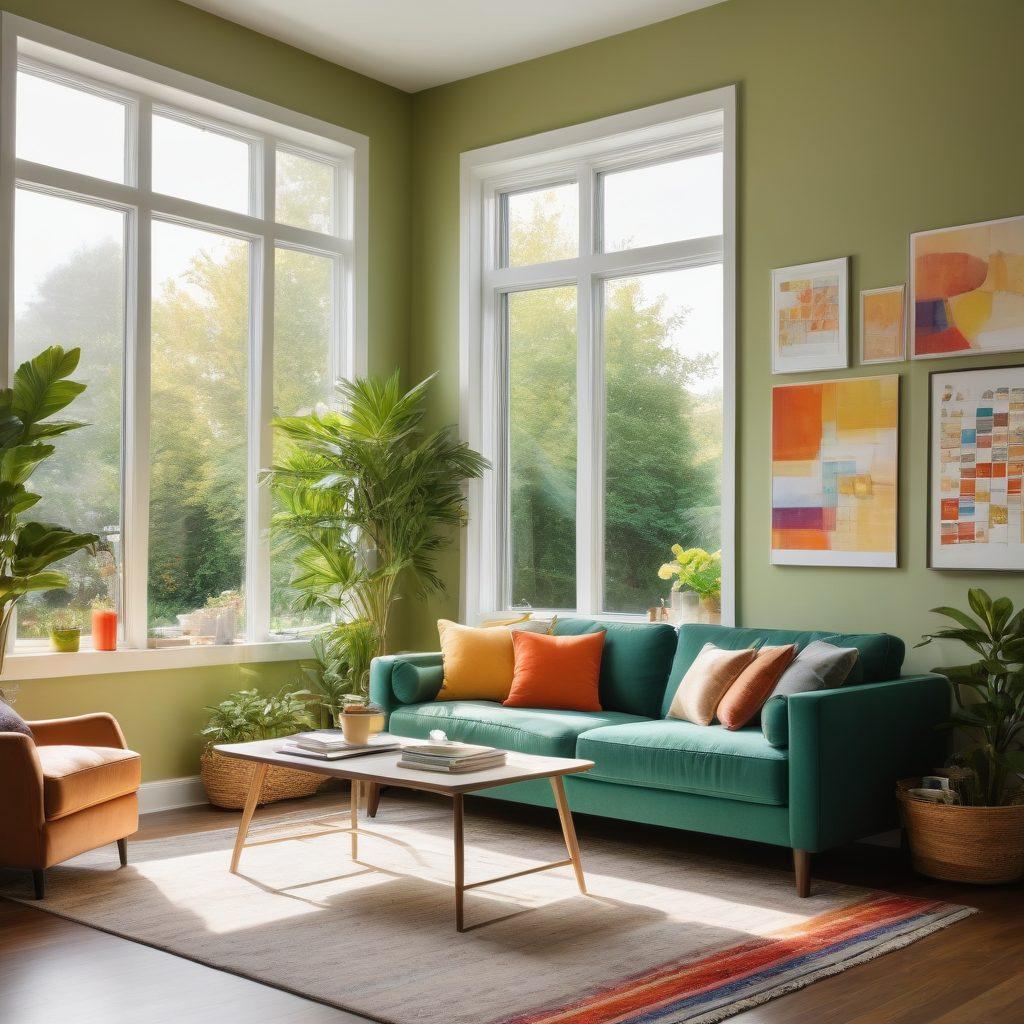 A warm, inviting living room scene with a large window showcasing a sunny day outside. Include a person thoughtfully analyzing documents and using a calculator on a stylish coffee table, surrounded by a laptop and charts displaying mortgage rates. Background features a well-decorated home with plants and a cozy couch, symbolizing homeownership success. super-realistic. vibrant colors. modern style.